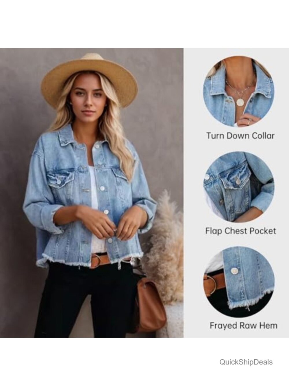 Frayed Washed Cropped Denim Jacket Button Up Jean Jacket - Picture 3 of 6